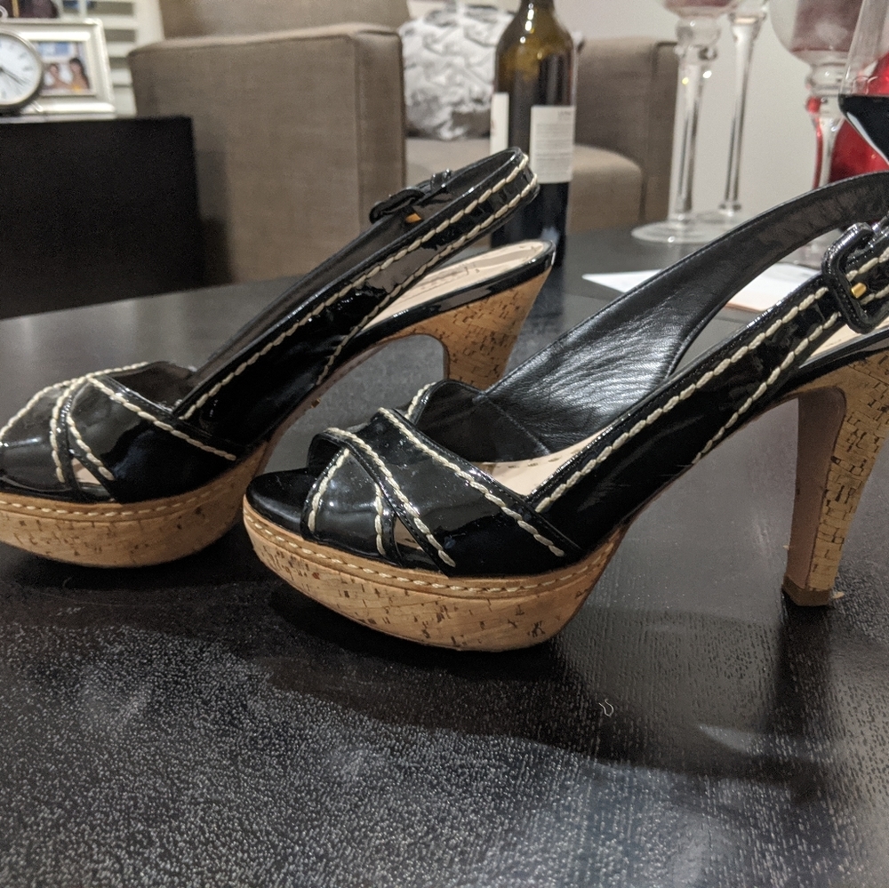 Prada Black White Patent Leather Cork Platform 7